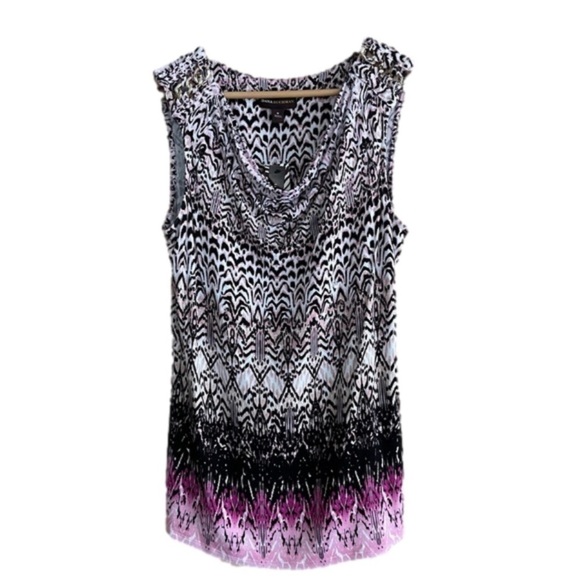 Dana Buchman abstract animal print sleeveless chain trim draped blouse size M - Picture 1 of 13
